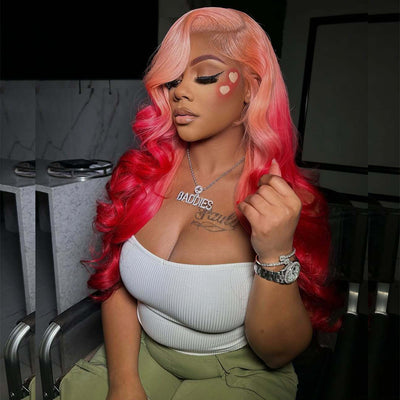 Ombre Pink Red Colored 13x6 Lace Front Human Hair Wigs