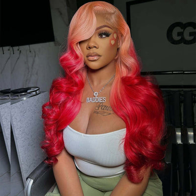 Ombre Pink Red Colored 13x6 Lace Front Human Hair Wigs