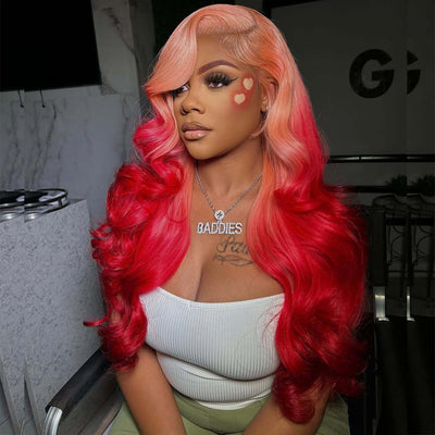 Ombre Pink Red Colored 13x6 Lace Front Human Hair Wigs