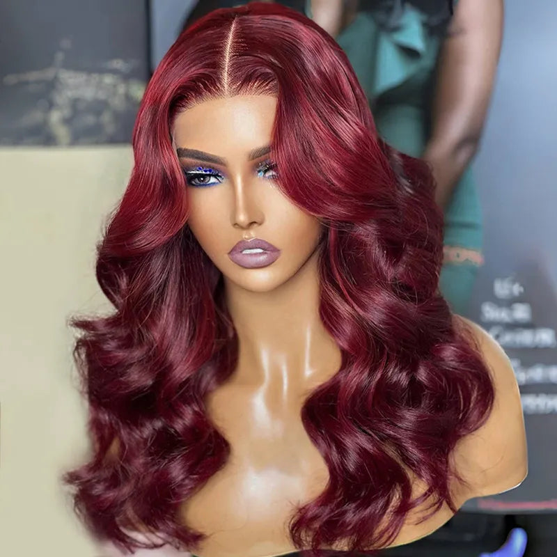 250% 99J Burgundy Colored Wavy Glueless Human Hair Wigs Double Drawn Weft Made
