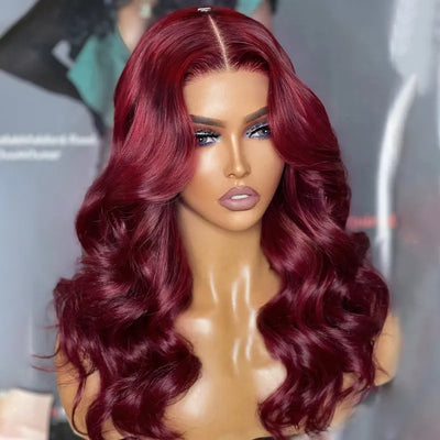 250% 99J Burgundy Colored Wavy Glueless Human Hair Wigs Double Drawn Weft Made