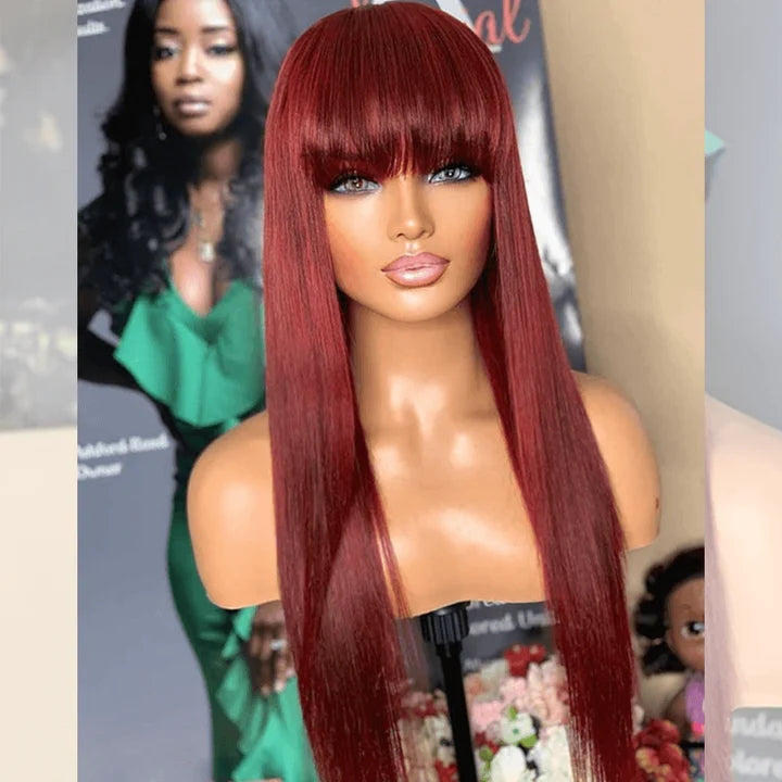 Dachic Reddish Colored Human Hair Wigs With Bang Affordable Machine Made Fashion Wig