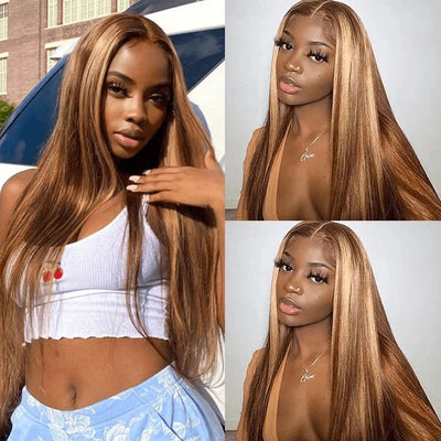 Dachic Honey Blonde Highlight Colored Straight 13x4 HD Lace Frontal Human Hair 180% Density Wigs Bogo Deal