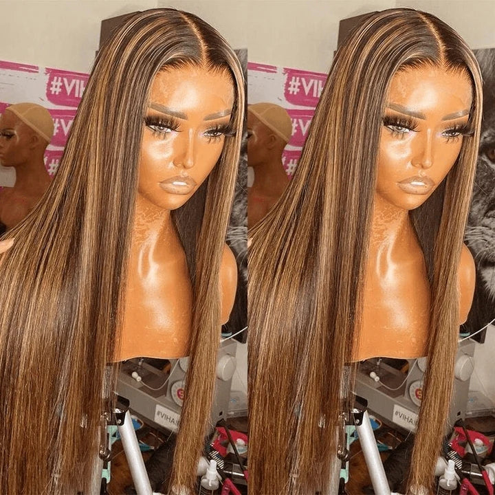 Dachic Honey Blonde Highlight Colored Straight 13x4 HD Lace Frontal Human Hair 180% Density Wigs Bogo Deal