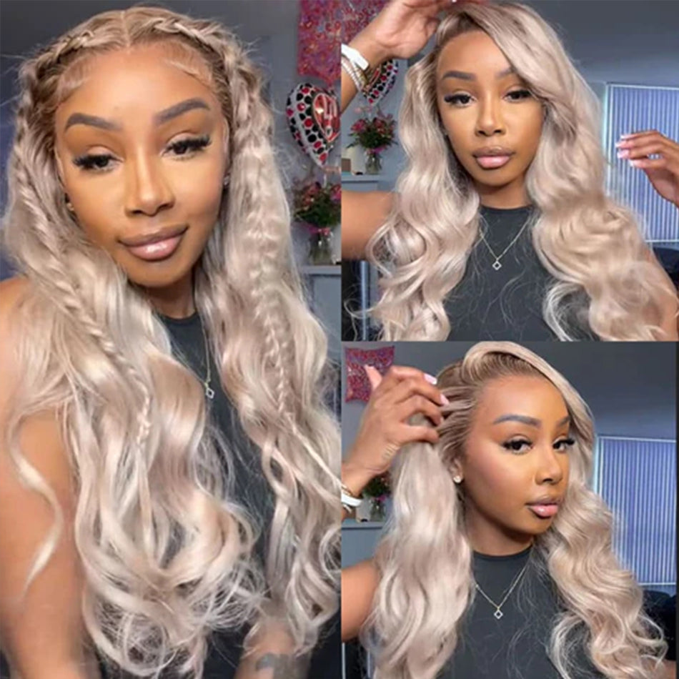 Top 10A 250% Density Ash Blonde Colored 13x6 Lace Front Human Hair Wigs With Dark Roots