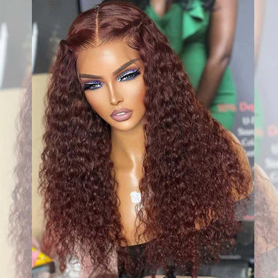 Dachic #33 Auburn Colored Glueless 13x4  HD Lace Front Closure Human Hair Wigs Jerry Curly Frontal Wigs 180% Density