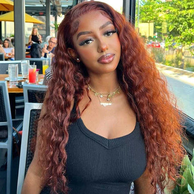 Dachic #33 Auburn Reddish Brown Color Glueless 13x4 Lace Front Closure Human Hair Wigs Deep Wave Frontal Wigs 180% Density