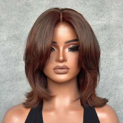 Face-Framing Sleek Swoop Bangs Layered Bob 6x5 Glueless Lace Human Hair Wig-002