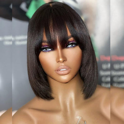 Highlight Brown Bob Wigs With Bang Slightly Layered Cut Glueless Lace Human Hair Wigs