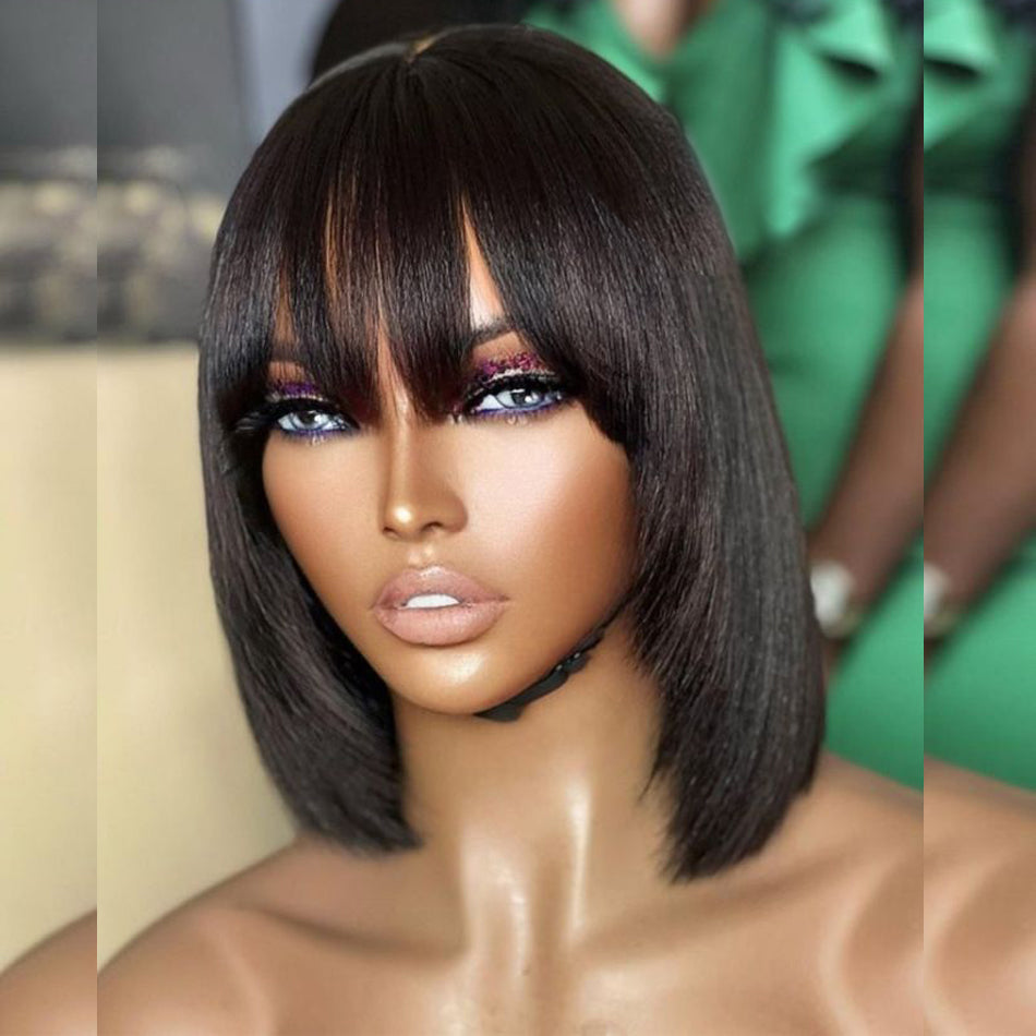 Highlight Brown Bob Wigs With Bang Slightly Layered Cut Glueless Lace Human Hair Wigs