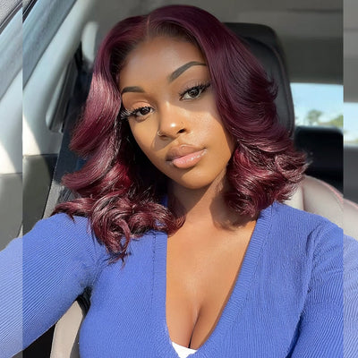 Black Cherry Wine Burgundy Colored Short Wavy Glueless Human Hair Bob Wigs