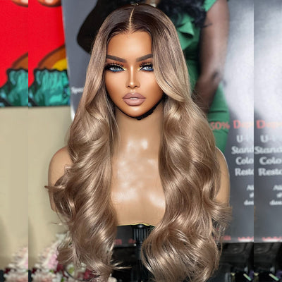 Top 10A 250% Density Ash Blonde Colored 13x6 Lace Front Human Hair Wigs With Dark Roots