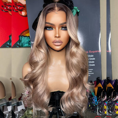 Top 10A 250% Density Ash Blonde Colored 13x6 Lace Front Human Hair Wigs With Dark Roots
