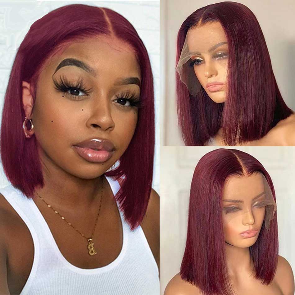 99J Burgundy Colored 13x4 Full Frontal Short Bob Human Hair Wigs