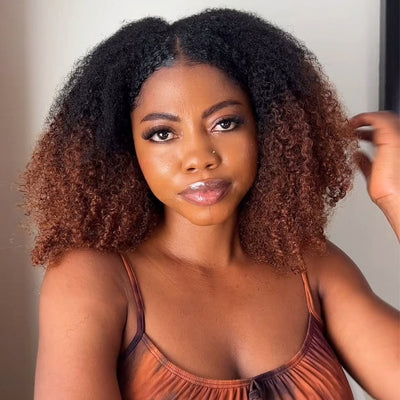 Coily Curly Ombre Brown Colored 3 In 1 Half Wig ( Can be weared in half wig / headband wig / ponytail )