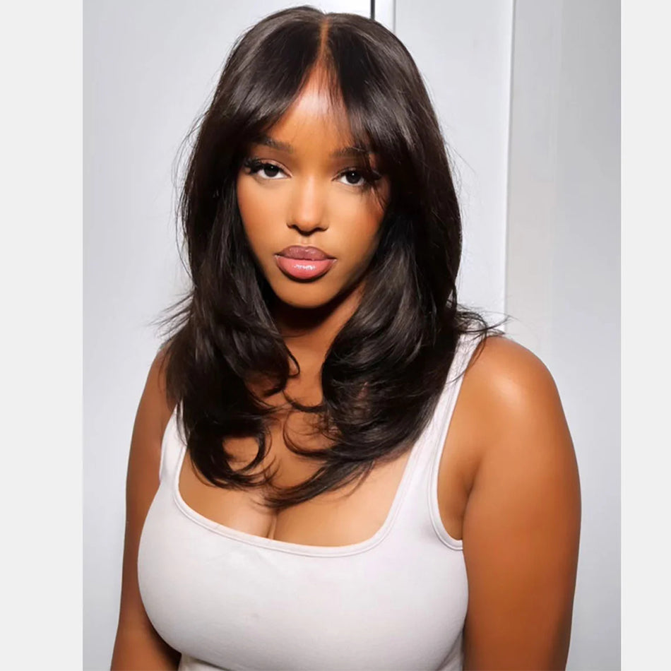 250% Density Curtain Bangs And Layered Cut Design Glueless Lace Wig-011