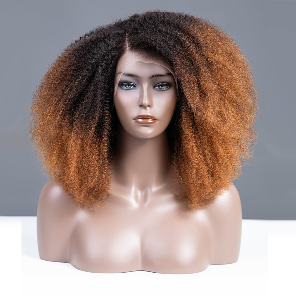 Coily Kinky Curly Ombre Ginger Brown Colored Glueless Lace Wig Full And Bouncy-029