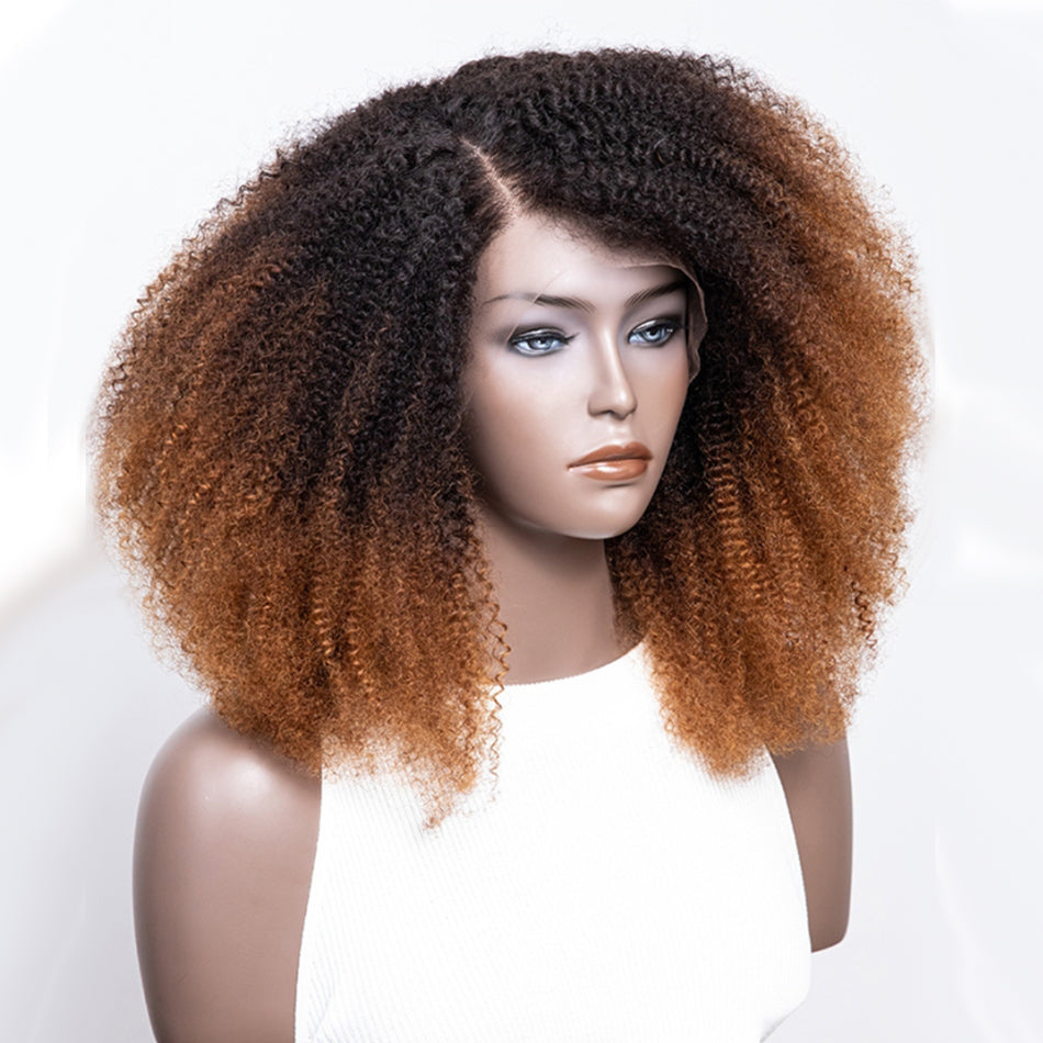 Coily Kinky Curly Ombre Ginger Brown Colored Glueless Lace Wig Full And Bouncy-029