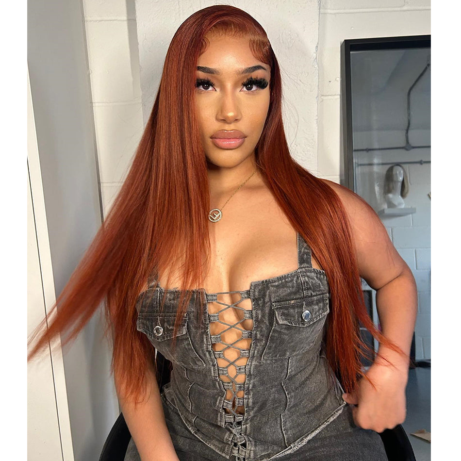 Copper Colored Lace Front Human Hair Wigs Straight Glueless Lace Wig