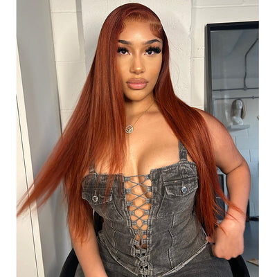 Copper Colored Lace Front Human Hair Wigs Straight Glueless Lace Wig