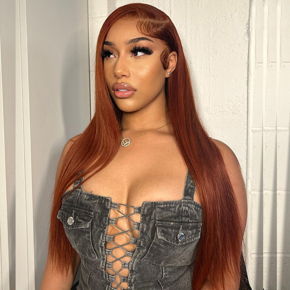 Copper Colored Lace Front Human Hair Wigs Straight Glueless Lace Wig