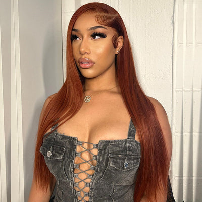 Copper Colored Lace Front Human Hair Wigs Straight Glueless Lace Wig