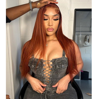 Copper Colored Lace Front Human Hair Wigs Straight Glueless Lace Wig