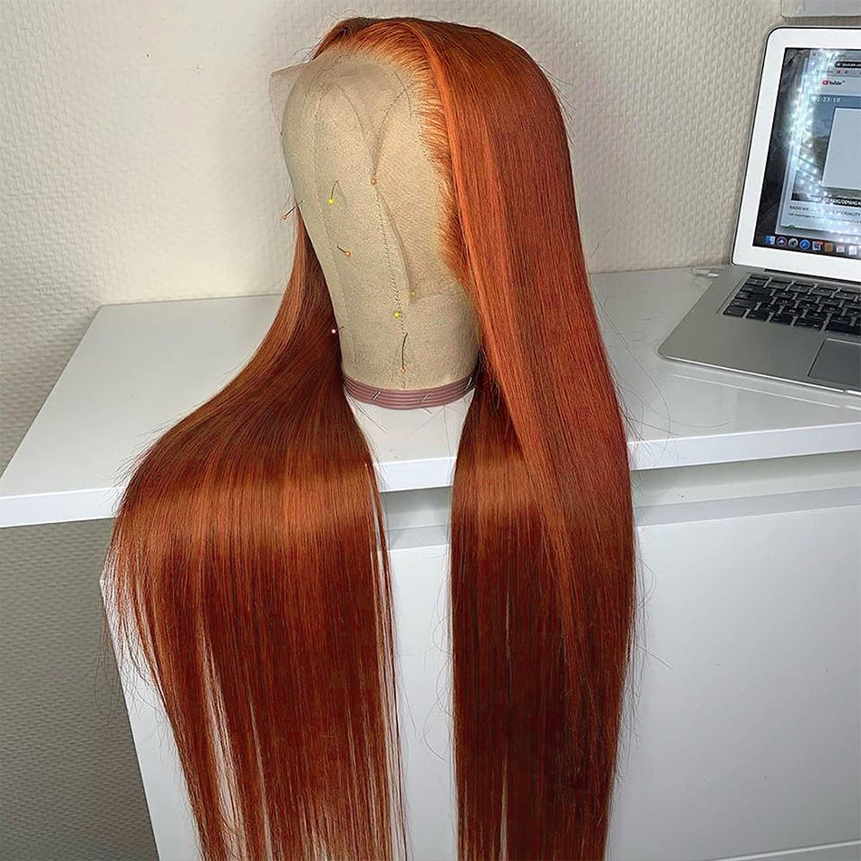 Copper Colored Lace Front Human Hair Wigs Straight Glueless Lace Wig