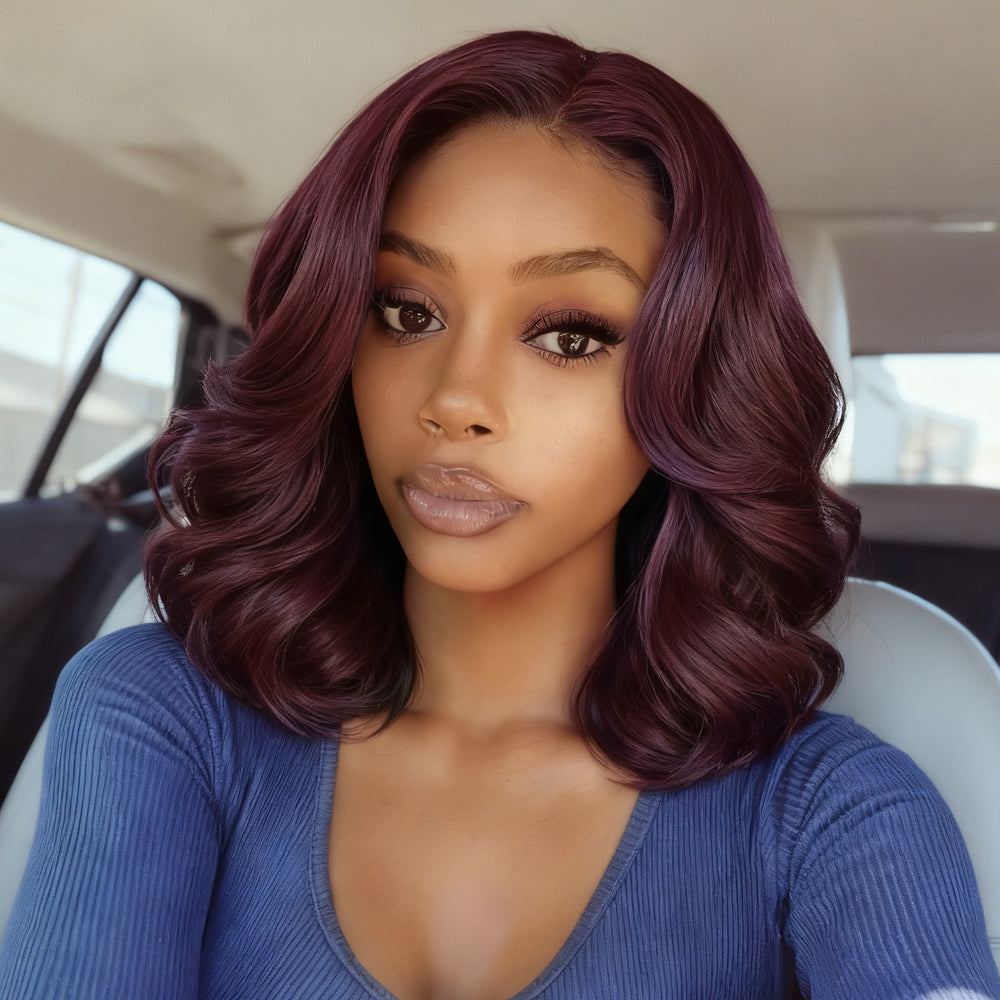 Black Cherry Wine Burgundy Colored Short Wavy Glueless Human Hair Bob Wigs
