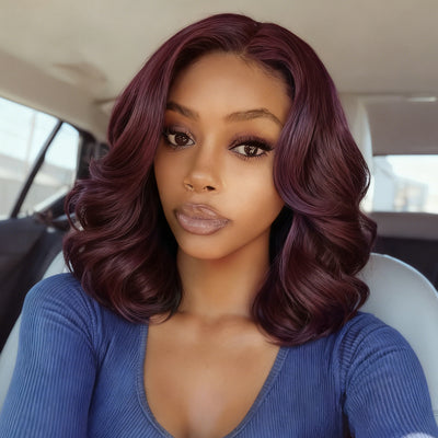 Black Cherry Wine Burgundy Colored Short Wavy Glueless Human Hair Bob Wigs