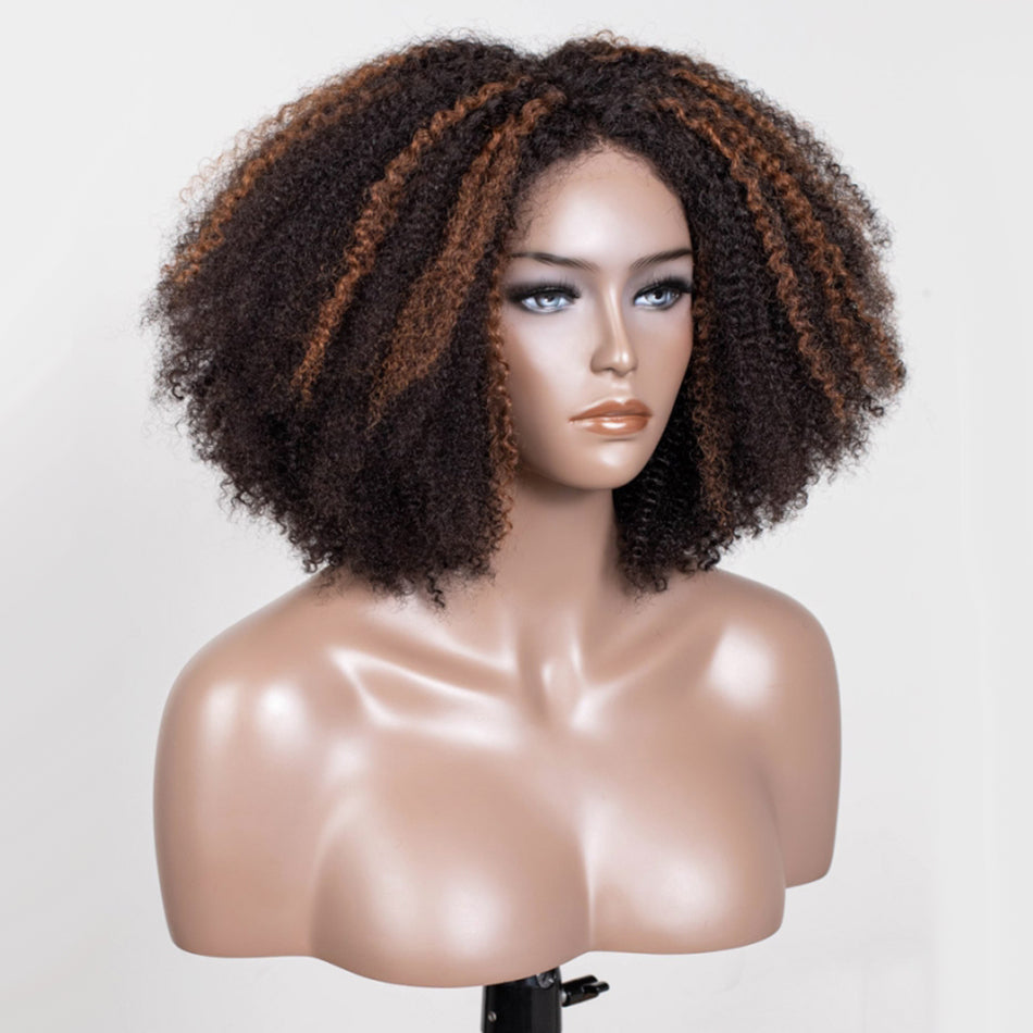 Highlight Blonde Colored Coily Human Hair Wig Glueless Lace Wig Full And Bouncy-032