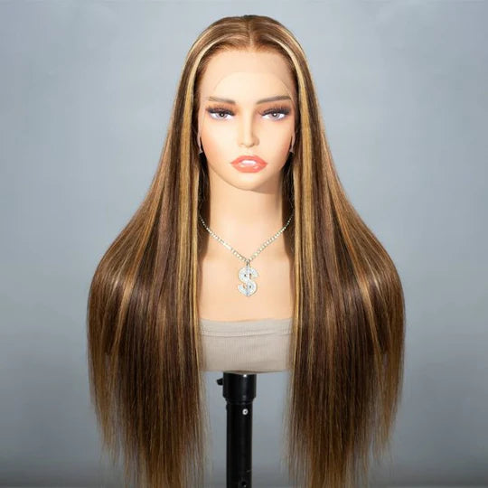 210% Density Highlight 4/27# Colored Undetectable HD 5x5 13x4 Full Lace Frontal Closure Straight Human Hair Wigs
