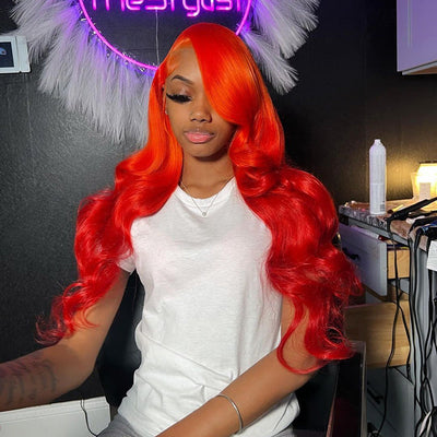 250% Density Bright Orange Red Colored 13x6 Lace Front Human Hair Wigs