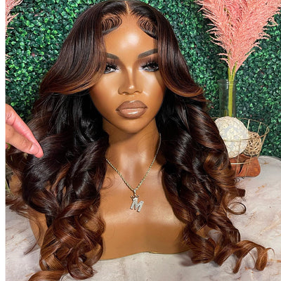 Glueless Brown Highlights Colored Lace Front Human Hair Wigs