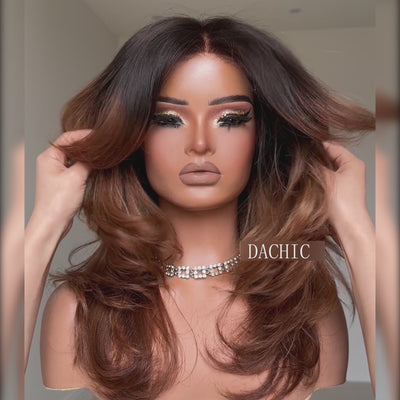 250% Density Ombre Brown Curtain Bangs And Layered Cut Design Glueless Lace Wig