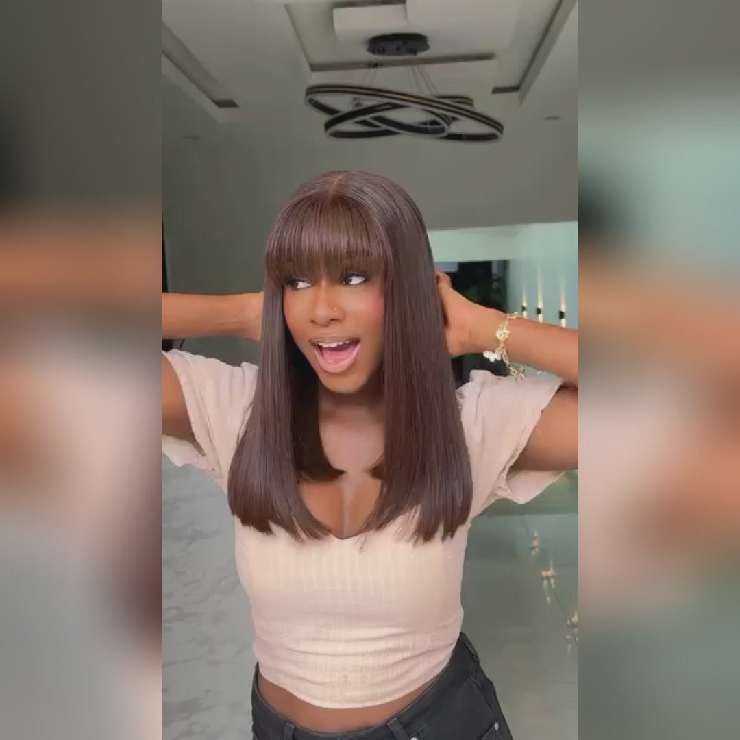 Brown Colored Bob Wigs With Bang Glueless Lace Human Hair Wigs Wear Go