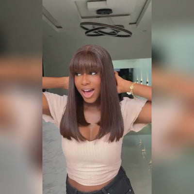 Brown Colored Bob Wigs With Bang Glueless Lace Human Hair Wigs Wear Go