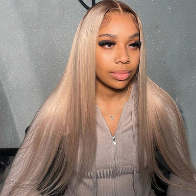 Top 10A 250% Density Ash Blonde Colored 13x6 Lace Front Human Hair Wigs With Dark Roots