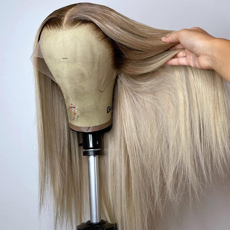 Top 10A 250% Density Ash Blonde Colored 13x6 Lace Front Human Hair Wigs With Dark Roots