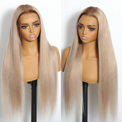 Top 10A 250% Density Ash Blonde Colored 13x6 Lace Front Human Hair Wigs With Dark Roots