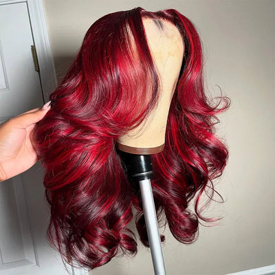 250% Double Drawn Weft Made 99J/Red Highlights Colored 6x5 Glueless Ready To Wear