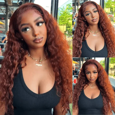 Dachic #33 Auburn Reddish Brown Color Glueless 13x4 Lace Front Closure Human Hair Wigs Deep Wave Frontal Wigs 180% Density