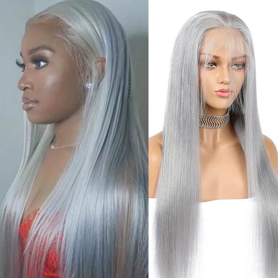 Dachic Hair 13x4 Colored Lace Front Human Hair Wigs Silver Grey Straight Frontal Wigs