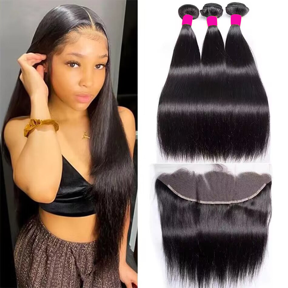 Dachic Hair Bone Straight Brazilian Human Hair 3 Bundles With 13x4 HD Lace Frontal 100% Remy Human Hair