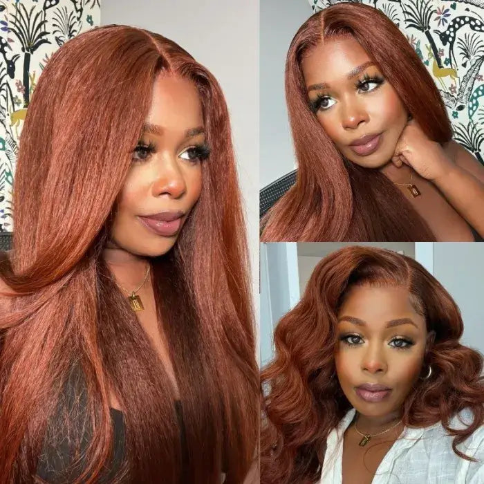 Dachic Hair 33# Auburn Colored Glueless 13x6 5x5 Lace Front Closure Human Hair Wigs Kinky Straight 180%