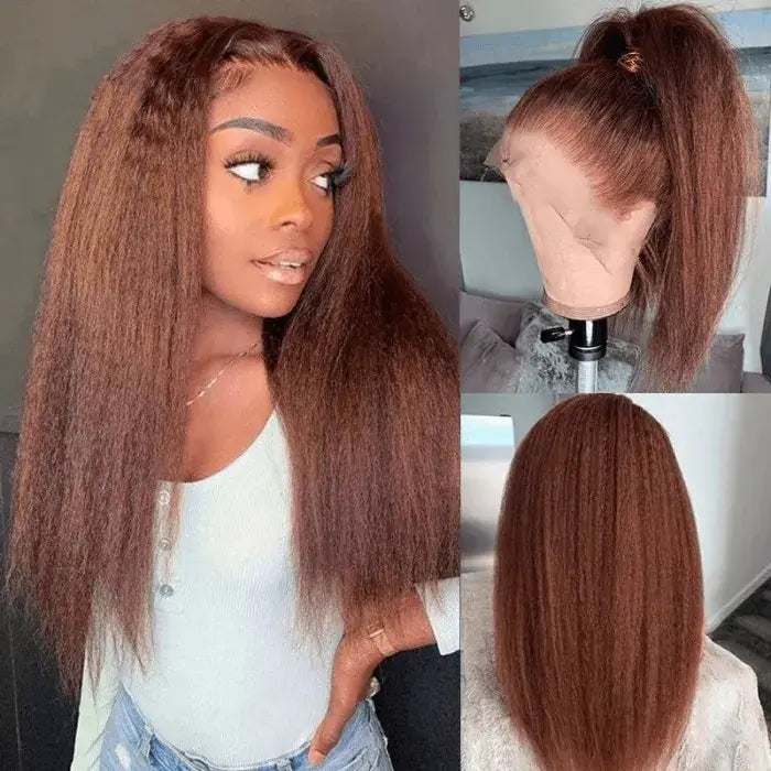 Dachic Hair 33# Auburn Colored Glueless 13x6 5x5 Lace Front Closure Human Hair Wigs Kinky Straight 180%