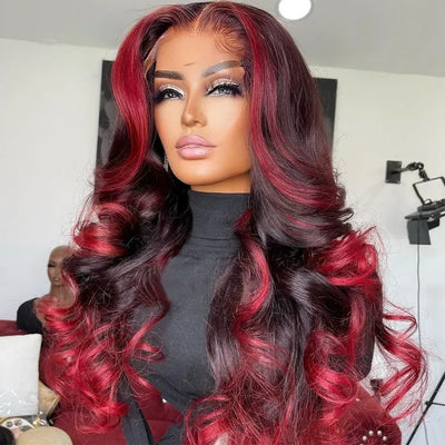 Dachic Hair Dark Burgundy With Rose Red Highlights 13x4 HD Lace Front Loose Wave Wig180%