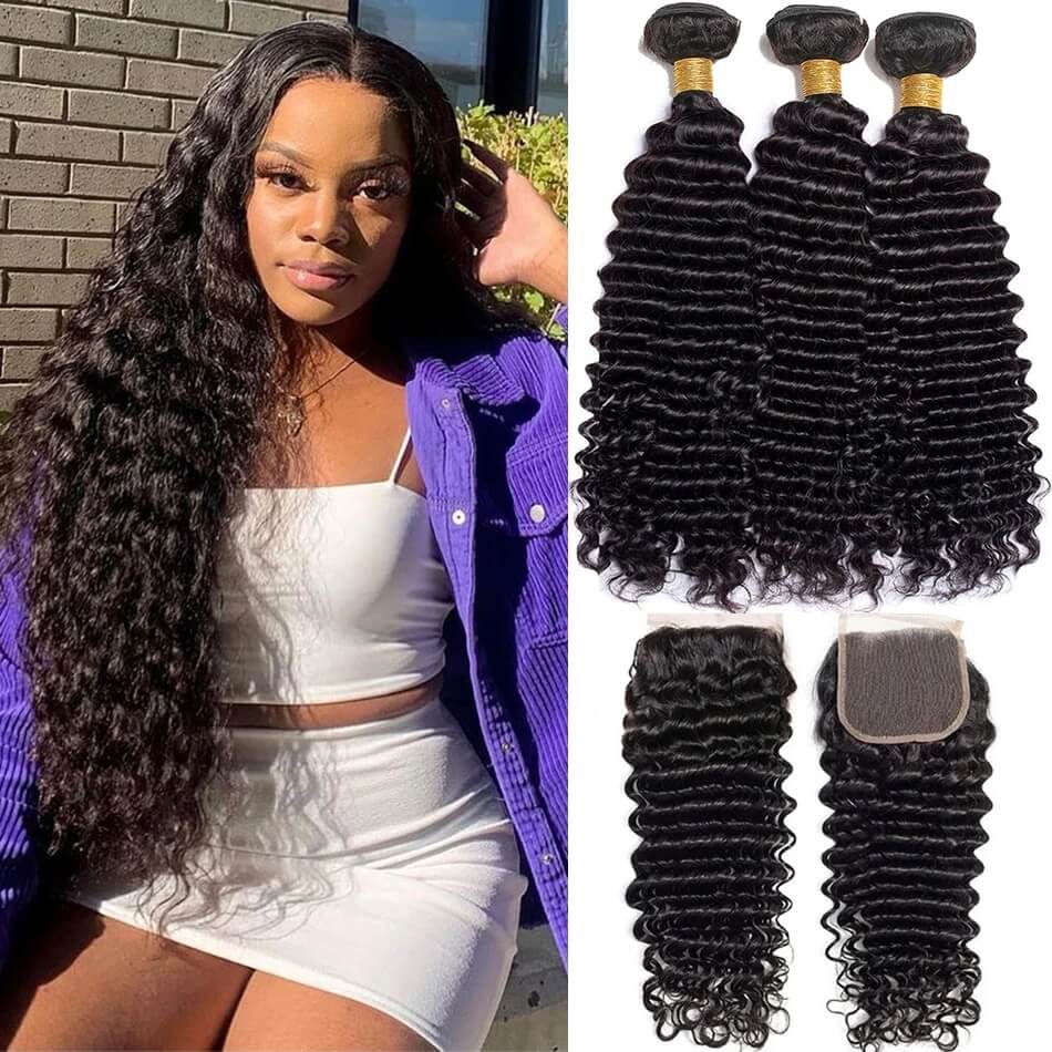 Dachic Hair 12A Deep Wave Human Hair 3 Bundles With 4x4 Lace Closure 100% Remy Human Hair