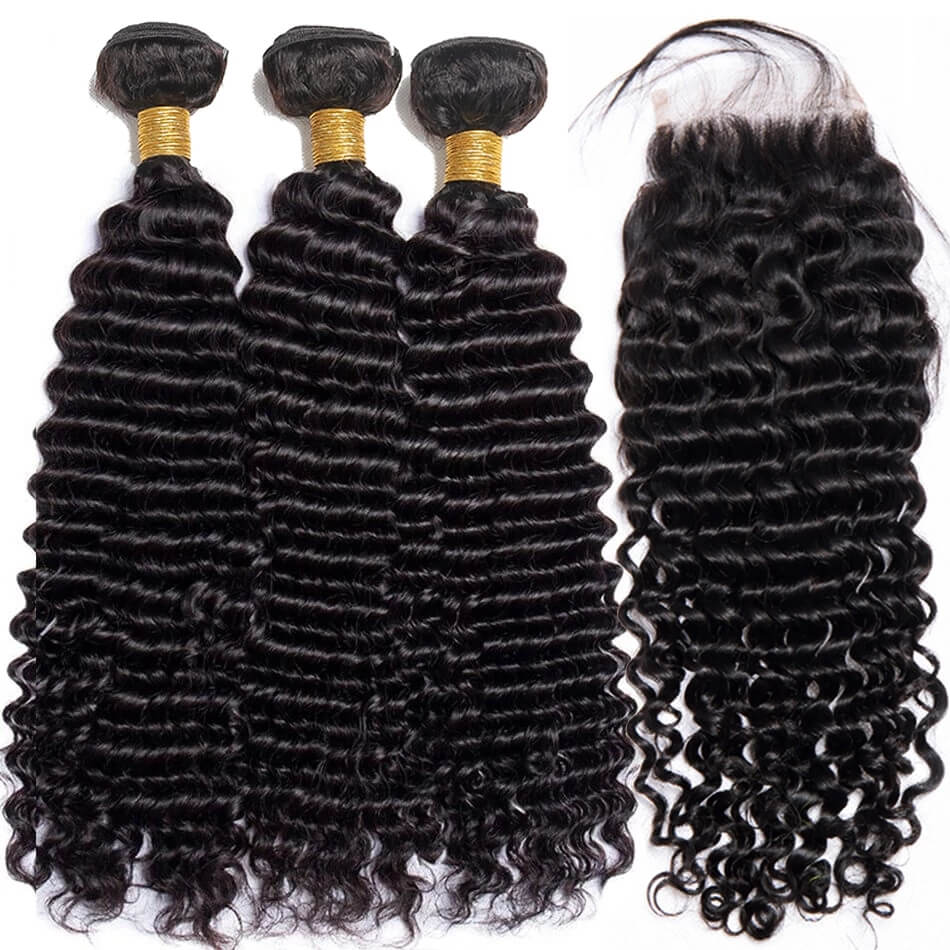 Dachic Hair 12A Deep Wave Human Hair 3 Bundles With 4x4 Lace Closure 100% Remy Human Hair