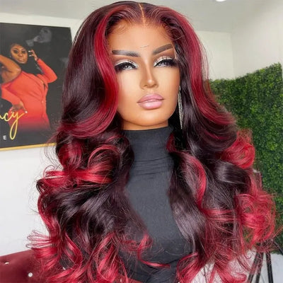 Dachic Hair Dark Burgundy With Rose Red Highlights 13x4 HD Lace Front Loose Wave Wig180%